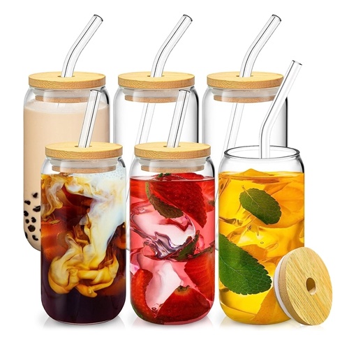 NewHome 16oz. Mason Jar Cups w/Bamboo Lids Glass Straws & Cleaning Brush in Transparent