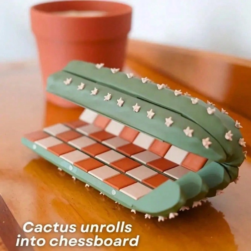 Cactus Chess Set with Roll-Up Board and Planter Storage Box