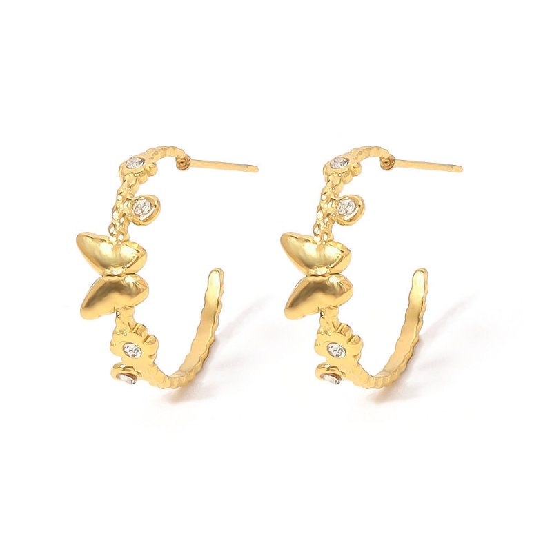 Hypoallergenic Simple & Casual Stylish 14K Real Gold Plated 304 Stainless Steel & Rhinestone C Shape Butterfly Hoop Earrings For Women Party 19Mm Dia., 1 Pair