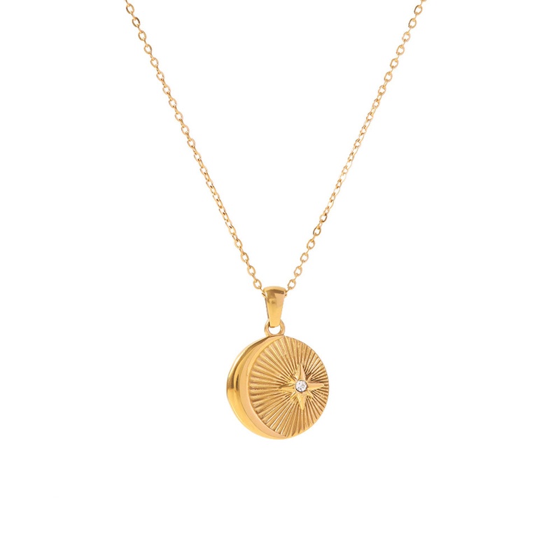 Eco-Friendly Simple & Casual Stylish 18K Real Gold Plated 304 Stainless Steel & Cubic Zirconia Link Cable Chain Round Star Pendant Necklace For Women 40Cm(15 6/8") Long, 1 Piece