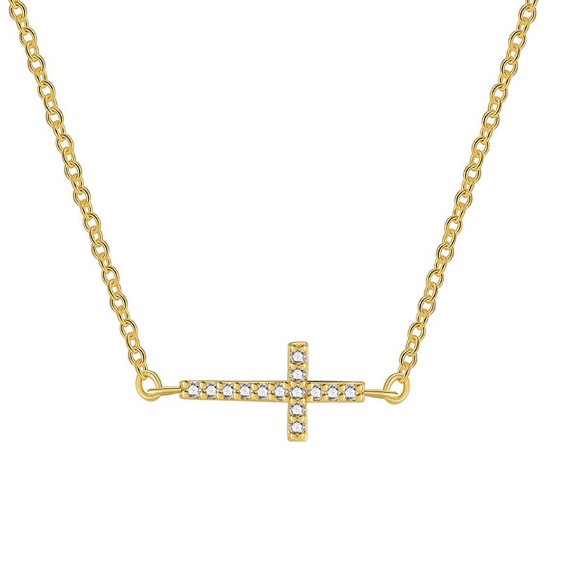 Eco-Friendly Stylish Religious 18K Real Gold Plated Copper & Cubic Zirconia Link Cable Chain Cross Pendant Necklace For Women Party 45Cm(17 6/8") Long, 1 Piece