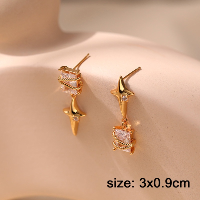 Hypoallergenic Exquisite Stylish 18K Real Gold Plated Copper & Cubic Zirconia Star Asymmetric Earrings For Women Party 3Cm X 0.9Cm, 1 Pair