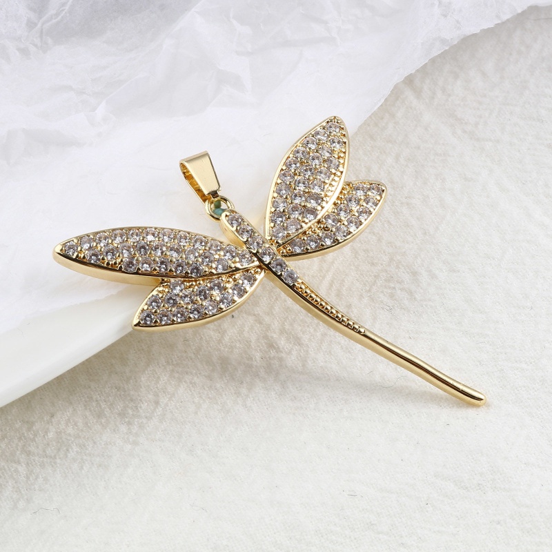 Copper Insect Pendants Dragonfly Animal 18K Real Gold Plated Micro Pave Clear Rhinestone 58Mm X 43Mm, 1 Piece
