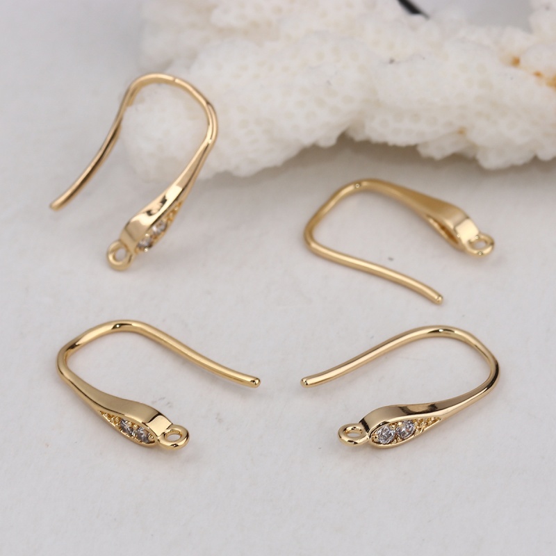 Copper Ear Wire Hooks Earring Findings 18K Real Gold Plated W/ Loop Clear Rhinestone 17Mm( 5/8") X 3Mm( 1/8"), Post/ Wire Size: (19 Gauge), 2 Pcs