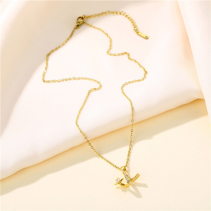 Eco-Friendly Stylish 18K Gold Color Stainless Steel & Cubic Zirconia Link Cable Chain Wave Pentagram Star Pendant Necklace 40Cm(15 6/8") Long, 1 Piece