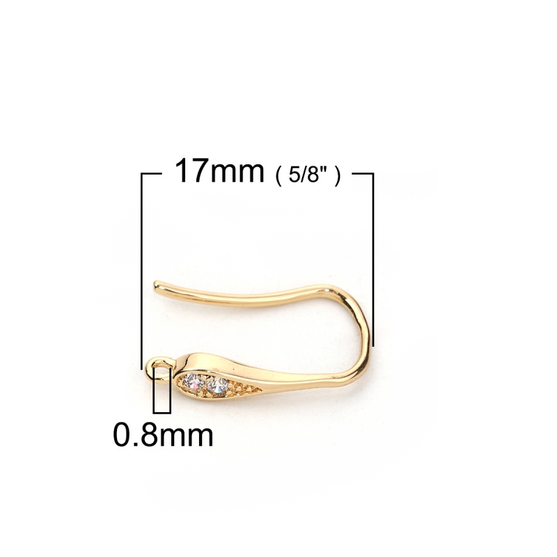 Copper Ear Wire Hooks Earring Findings 18K Real Gold Plated W/ Loop Clear Rhinestone 17Mm( 5/8") X 3Mm( 1/8"), Post/ Wire Size: (19 Gauge), 2 Pcs
