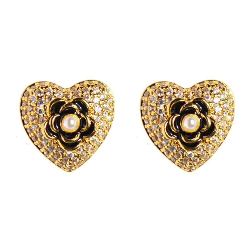 Hypoallergenic Dainty Retro 18K Gold Color Copper & Cubic Zirconia Heart Flower Micro Pave Ear Post Stud Earrings For Women Mother's Day 1.4Cm X 1.4Cm, 1 Pair