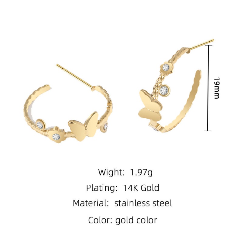 Hypoallergenic Simple & Casual Stylish 14K Real Gold Plated 304 Stainless Steel & Rhinestone C Shape Butterfly Hoop Earrings For Women Party 19Mm Dia., 1 Pair
