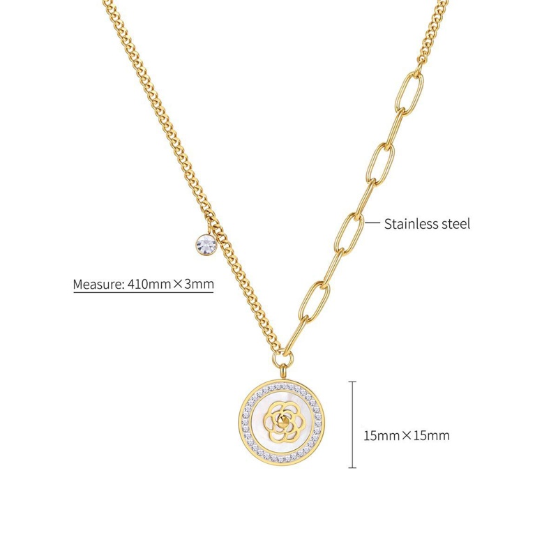 Eco-Friendly Exquisite Stylish 18K Gold Color 304 Stainless Steel & Cubic Zirconia Link Chain Round Flower Splicing Pendant Necklace For Women 41Cm(16 1/8") Long, 1 Piece