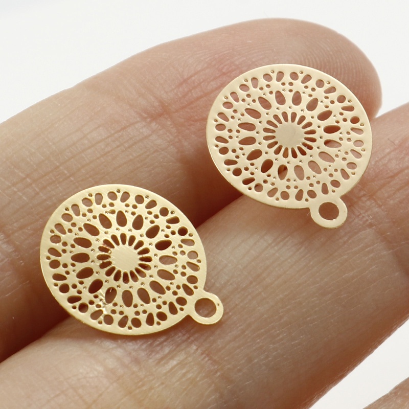 Copper Filigree Stamping Earring Accessories Real Gold Plated Round W/ Loop 14Mm X 12Mm, Post/ Wire Size: (21 Gauge), 6 Pcs