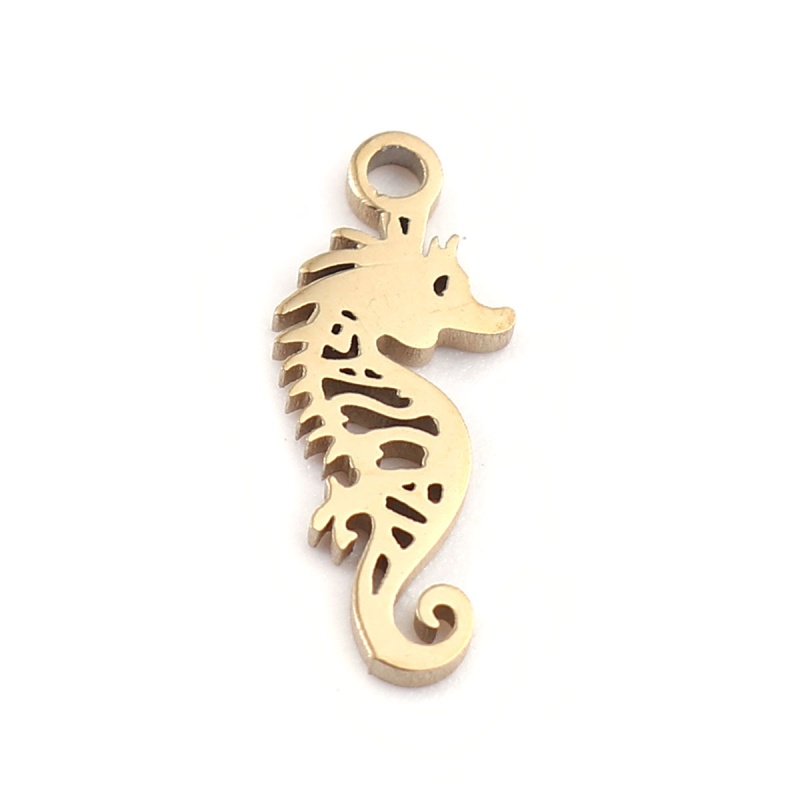 304 Stainless Steel Ocean Jewelry Charms 18K Real Gold Plated Seahorse Animal 12Mm X 5Mm, 2 Pcs