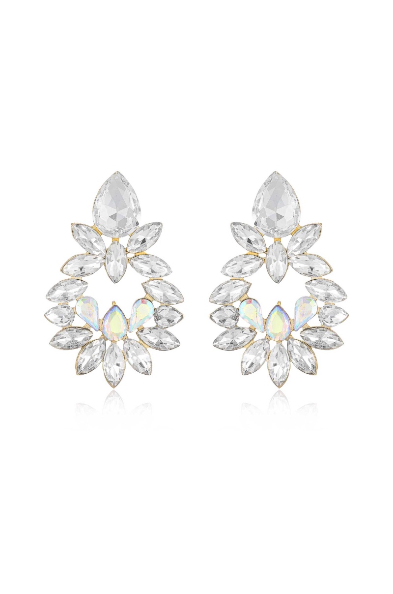 Floral Crest 18K Gold Plated Earrings, Material: Clear Crystals