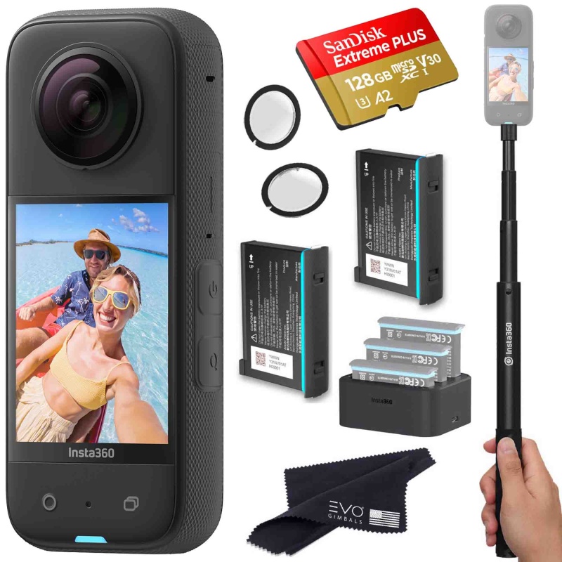 Insta360 X3 - Waterproof 360 Action Camera Bundle Includes Extra 2 Batteries, Charger, Invisible Selfie Stick, Lens Guard & Memory Card