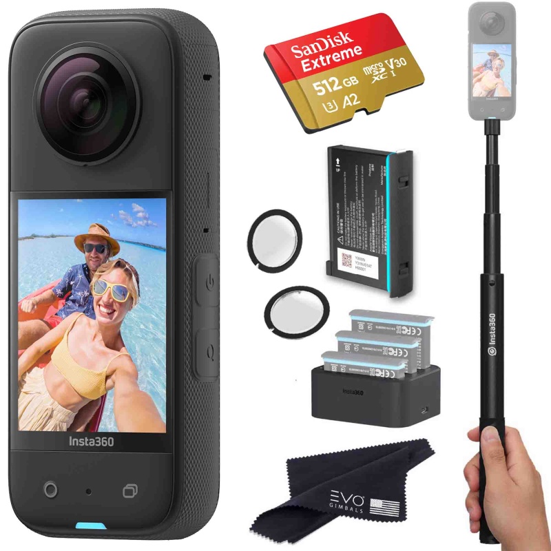 Insta360 X3 - Waterproof 360 Action Camera Bundle Includes Extra Battery, Charger, Invisible Selfie Stick, Lens Guard & Memory Card