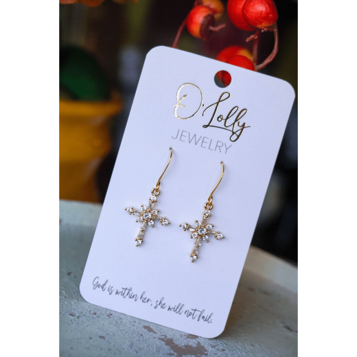 O'Lolly Trinity Earrings - CZ Gold Cross Dangle with Rubber Backing