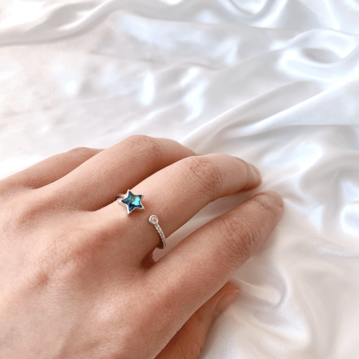 Rainbow Crystal Adjustable Star Ring with Blue Swarovski Star - Fashion Hut Jewelry