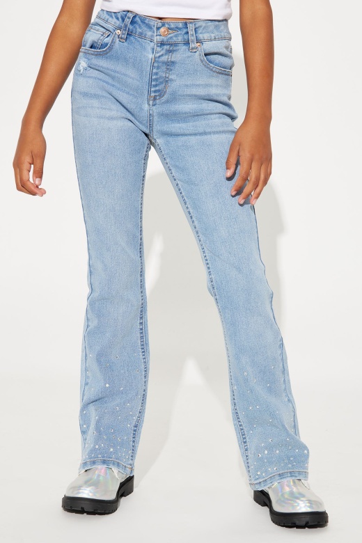 Mini Rhinestone Denim Flare Jeans - Blue Wash