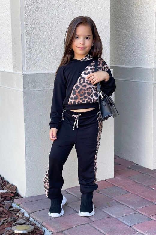Mini Leopard Vibes Colorblock Jogger Set - Black/Combo