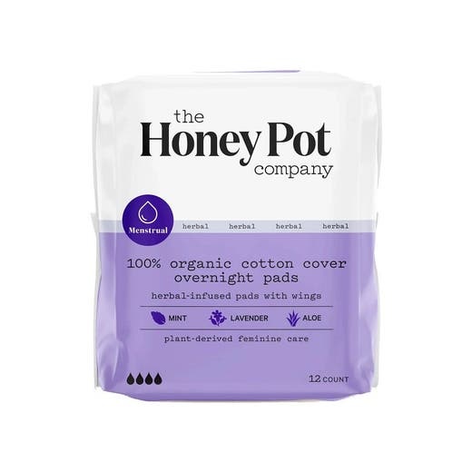 The Honey Pot Organic Cotton Cover Overnight Pads With Wings - 12 Count