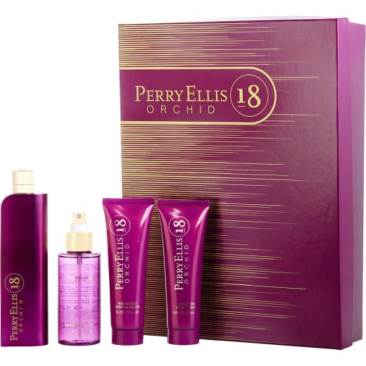 Perry Ellis 18 Orchid Gift Set - Eau De Parfum Spray, Body Mist, Body Lotion & Shower Gel