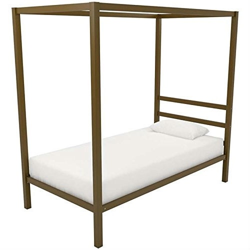 Twin Size Modern Steel Canopy Bed Frame In Gold Metal Finish