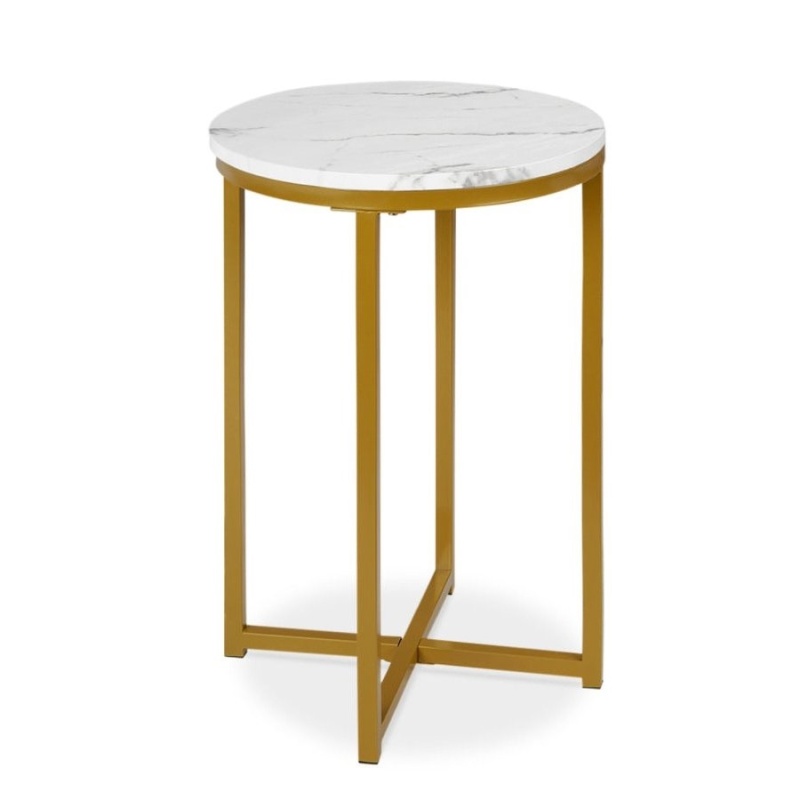 Round Cross Leg Design Coffee Side Table Nightstand With Faux Marble Top White/Gold