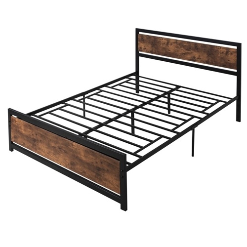 Queen Size Farmhouse Metal Wood Platform Bed Headboard Footboard
