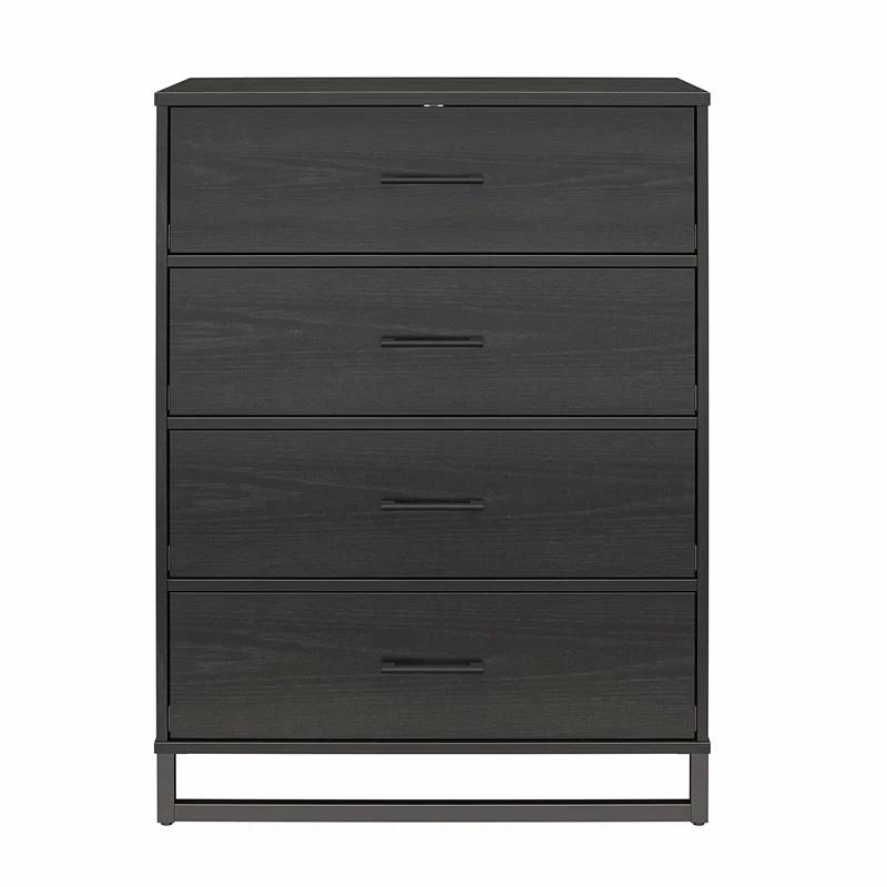 Modern 4Drawer Bedroom Chest Dresser In Rustic Black Wood Finish