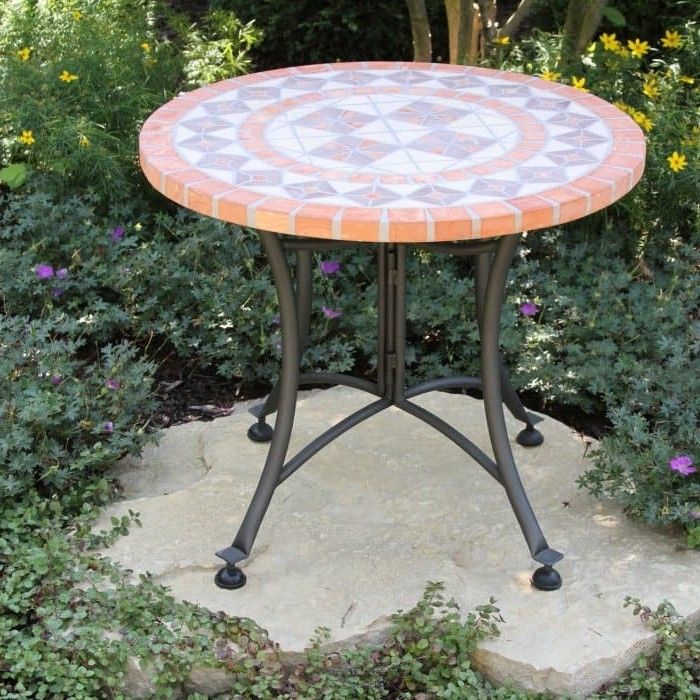 24Inch Round Bistro Style Mosaic Terracotta Tile Outdoor Patio Table