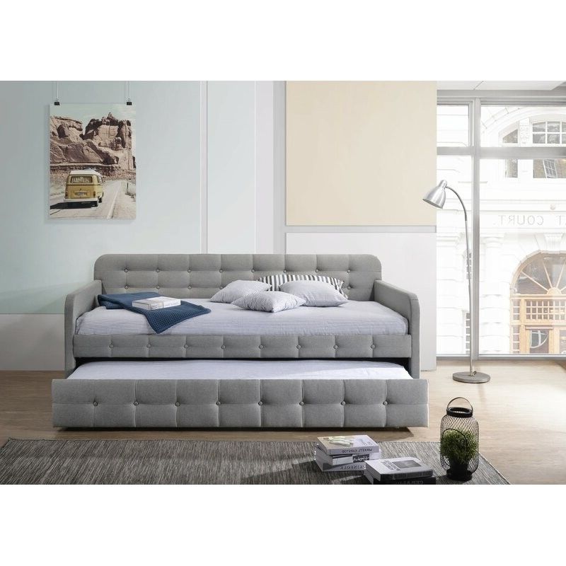 Gray Tufted Polyester Linen Twin Daybed With Trundle
