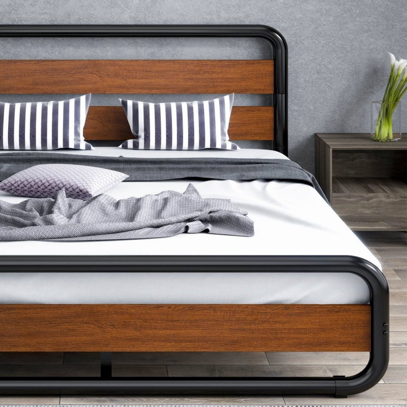 Queen Heavy Duty Modern Industrial Metal Wood Platform Bed Frame With