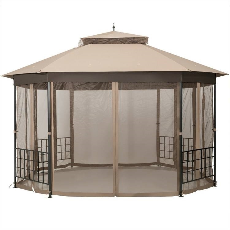 Outdoor 10 X 12 Ft Octagon Gazebo With Mosquito Net Sidewalls And Brown Canopy