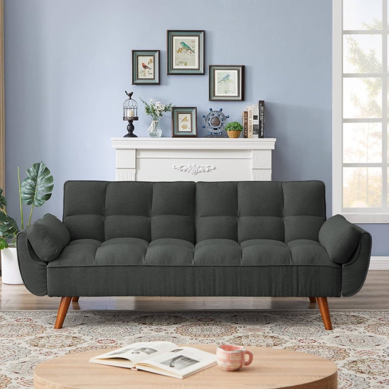 Mid-Century Modern Sofa Bed In Dark Grey Linen Polyester Tufted Upholstery