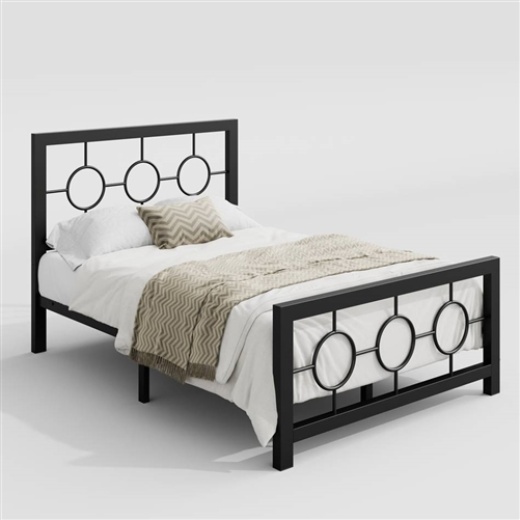 Twin Black Metal Platform Bed Frame With Circle Medallion Headboard Footboard