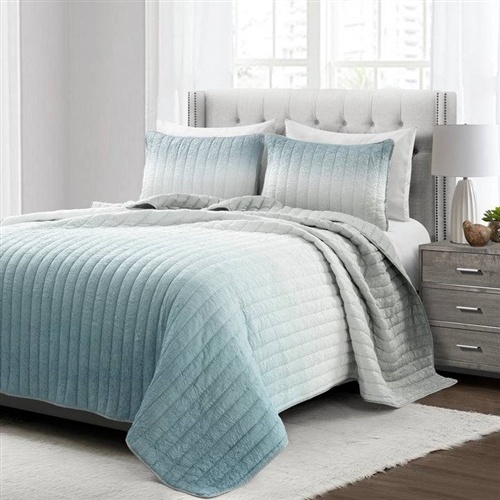 Full/Queen Aqua Blue and Grey Ombre Quilt Set