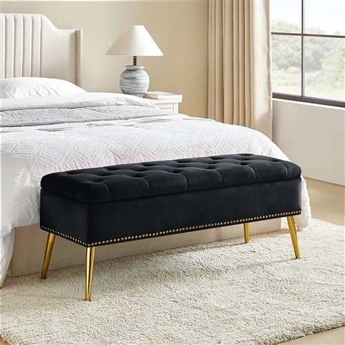 Mid-Century Modern End Of Bed Storage Bench With Black Velvet Seat And Gold Legs