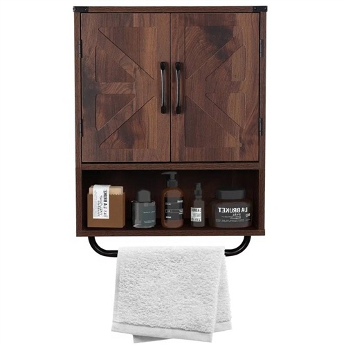 Farmhouse Bathroom Wall Cabinet With Towel Bar In Brown Wood Finish