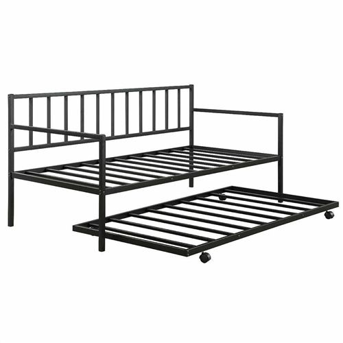 Twin Size Black Metal Daybed with Roll-Out Trundle Bed Frame