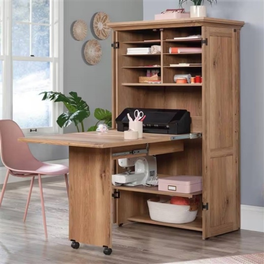 Drop Leaf Computer Desk Craft Table Armoire In Oak Wood Finish - Made In Usa