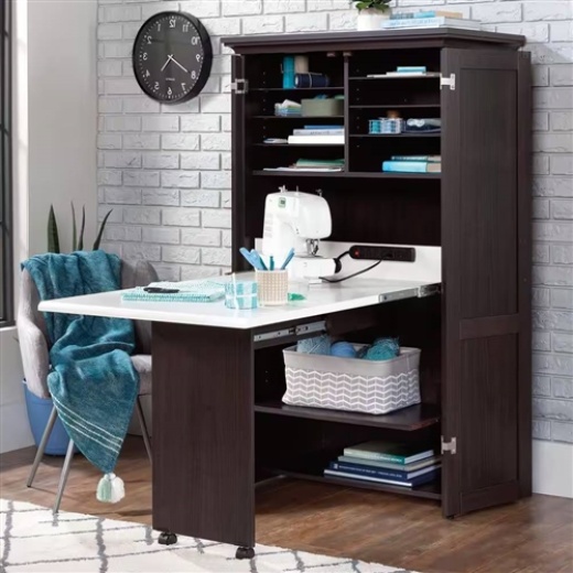 Armoire With Drop Leaf Computer Desk Craft Table In Dark Brown Wood Finish