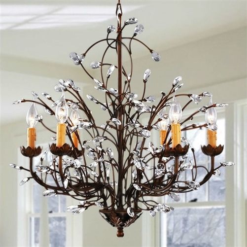 Antique Bronze 6-Light Crystal And Iron Chandelier