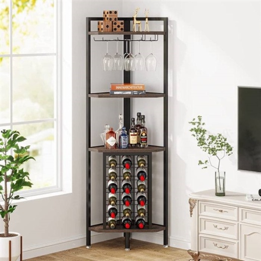 Industrial Corner Wine Rack Storage Shelving Unit With Glass Holders