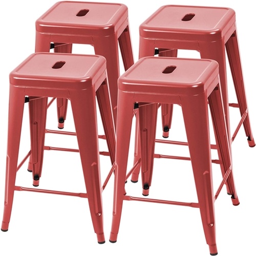 Set of 4 - 24-Inch Indoor/Outdoor Backless Stacking Red Metal Barstools