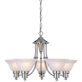 5-Light Brushed Nickel Chandelier with White Frosted Shades