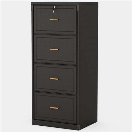 Vertical File Cabinet In Black Wood Finish With 4 Lockable Storage Drawers