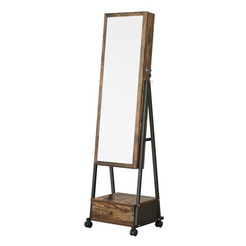 Modern Industrial Metal Wood Jewelry Armoire Cabinet Organizer Mirror On Wheels