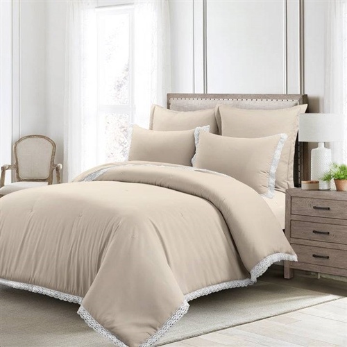 Full/Queen French Country Beige 5-Piece Lightweight Comforter Set with Lace Trim