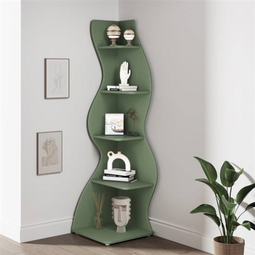 Modern Whimsical 5 Shelf Corner Bookcase In Green Wood Finish