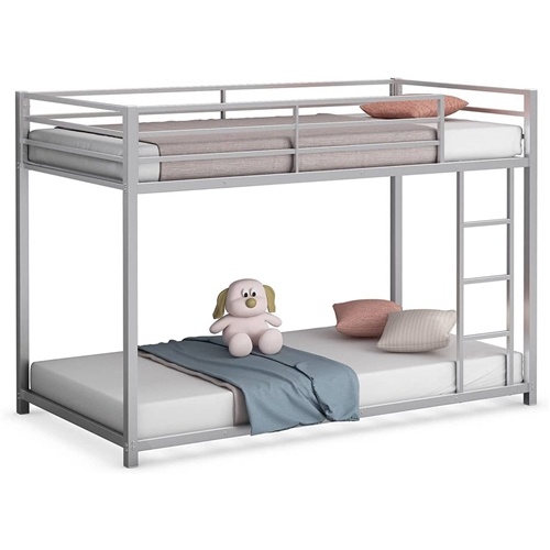 Twin Over Twin Low Profile Modern Bunk Bed in Silver Metal Finish