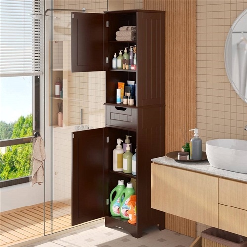 Dark Brown Bathroom Linen Cabinet Tower With 2 Doors Storage Drawer And Shelf
